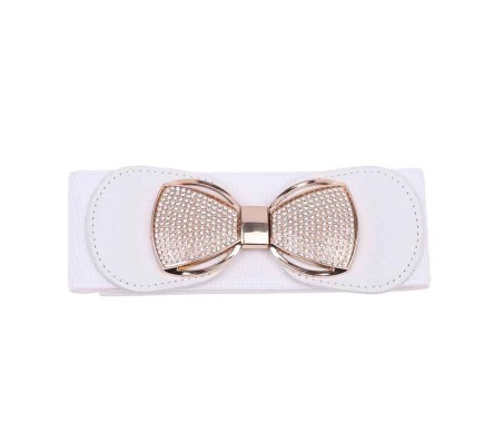 Elastic Fabric Waist Belt for Dress One Piece Stylish Bow-Shaped Design Stretchy Big Designer Broad Ladies Belt for Women Dresses Fancy Stretchable White - Free Size