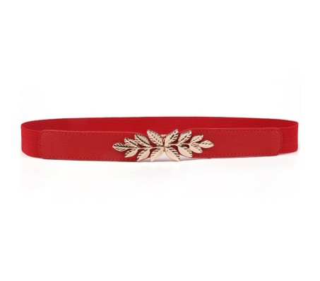 Elastic Fabric Waist Belt for Dress One Piece Stylish Leaf Design Stretchy Slim Designer Ladies Belt for Women Dresses Fancy Stretchable Red - Free Size