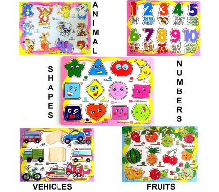 Set of 5 Animals Numbers Shape Vehicles and Fruit Wooden Learning Puzzle Educational Toy for Toddlers and Infant