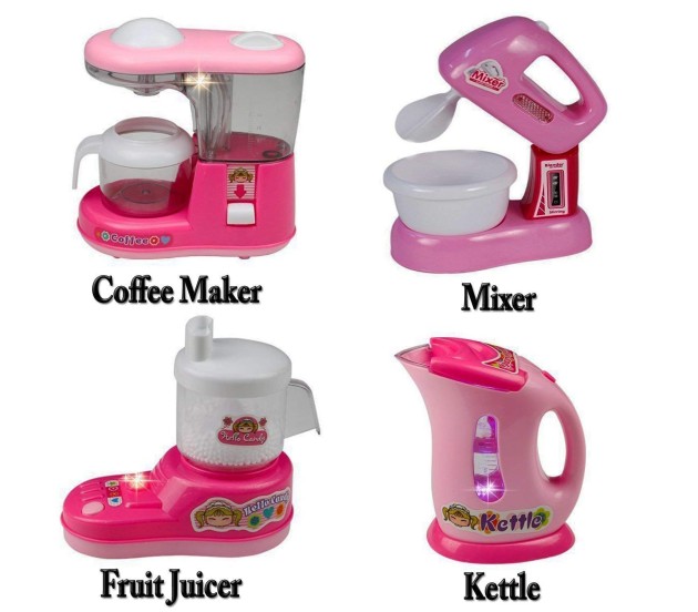 Play battery operated gourmet kitchen appliances (child size) has pink &  white coffee maker w coffee pods, mix master and blender