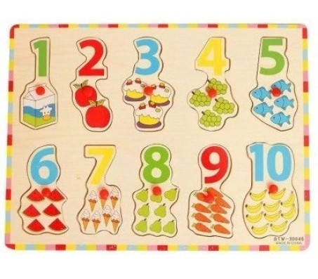 Wooden Puzzle Picture Board Number Wooden Jigsaw Puzzle 1 -10 with Knobs Kids Boys Girls Nursery Class